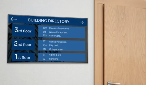 A digital directory screen listing rooms by floor