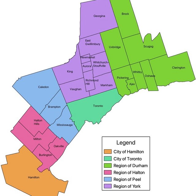 Map of the Greater Toronto and Hamilton Area, showing Toronto, Peel, York, Durham and Halton regions and Hamilton