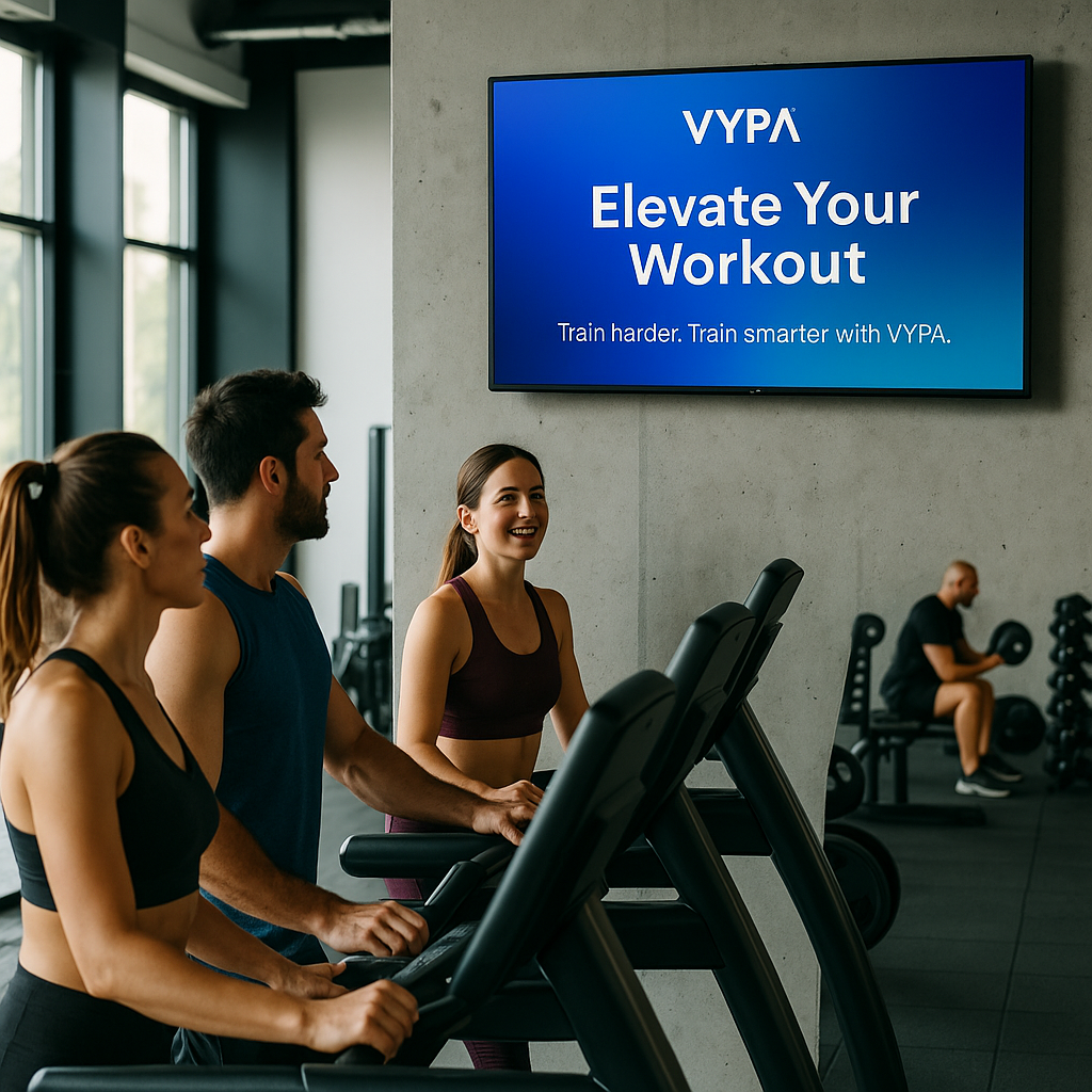 A wall-mounted screen above the treadmills in a gym, showing a VYPA message to members