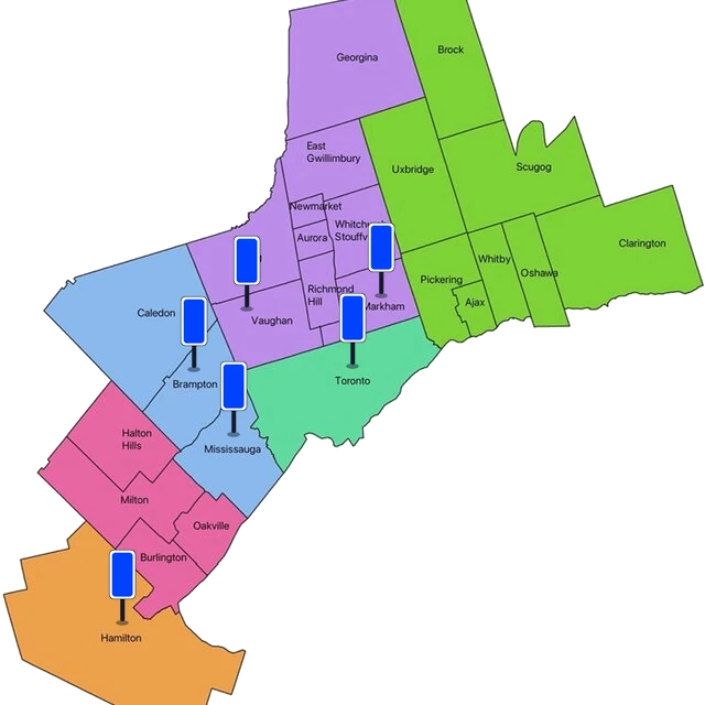 Map of the Greater Toronto and Hamilton Area with VYPA screen markers on Toronto, Mississauga, Brampton, Markham, Vaughan and Hamilton