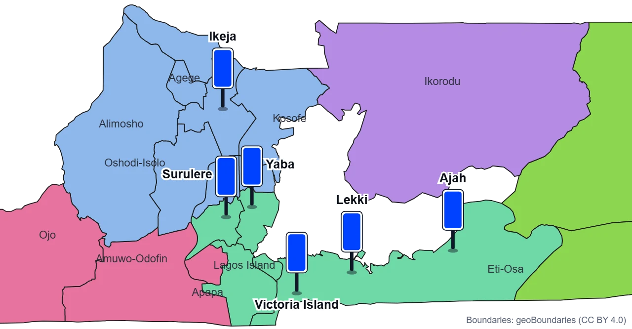 Map of Lagos with VYPA screen markers on Ikeja, Yaba, Surulere, Victoria Island, Lekki and Ajah